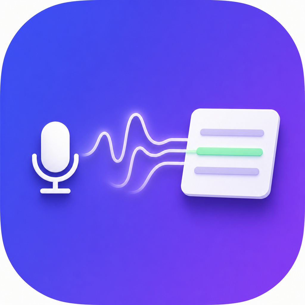 Distill app icon: a microphone whose soundwave flows into structured note lines with a highlighted insight, on an indigo-violet ground